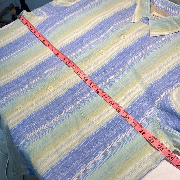 Caribbean Mens Button Down Shirt Size L Linen Cotton Blue Green Cream Stripes Lo - Picture 8 of 10
